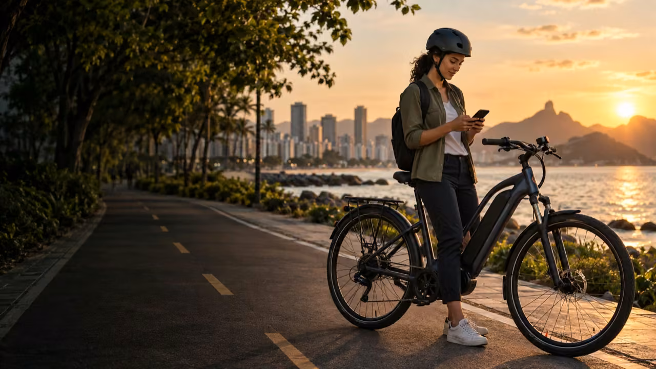 Mulher de capacete ao lado de uma bicicleta elétrica na orla ao pôr do sol