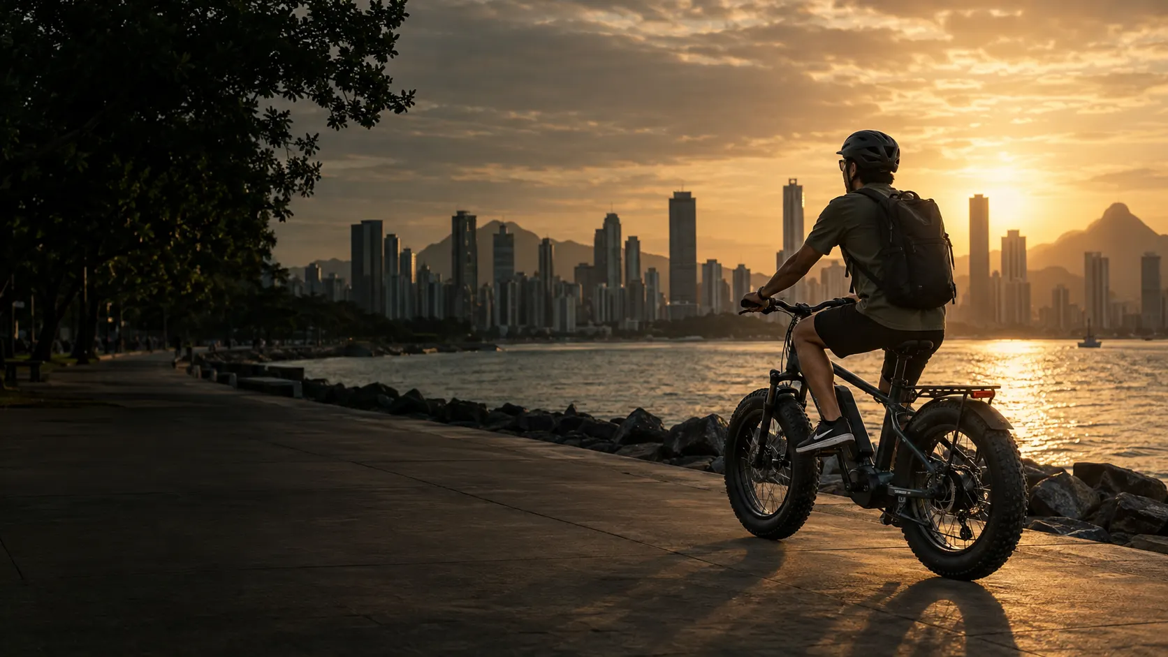 Ciclista em bike elétrica na orla da cidade ao pôr do sol